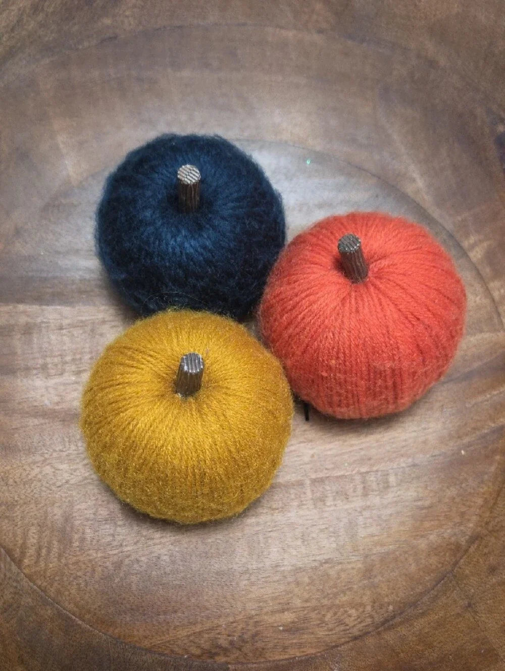 Handmade Yarn Pumpkins Trio - Black, Orange, Mustard - Home Art